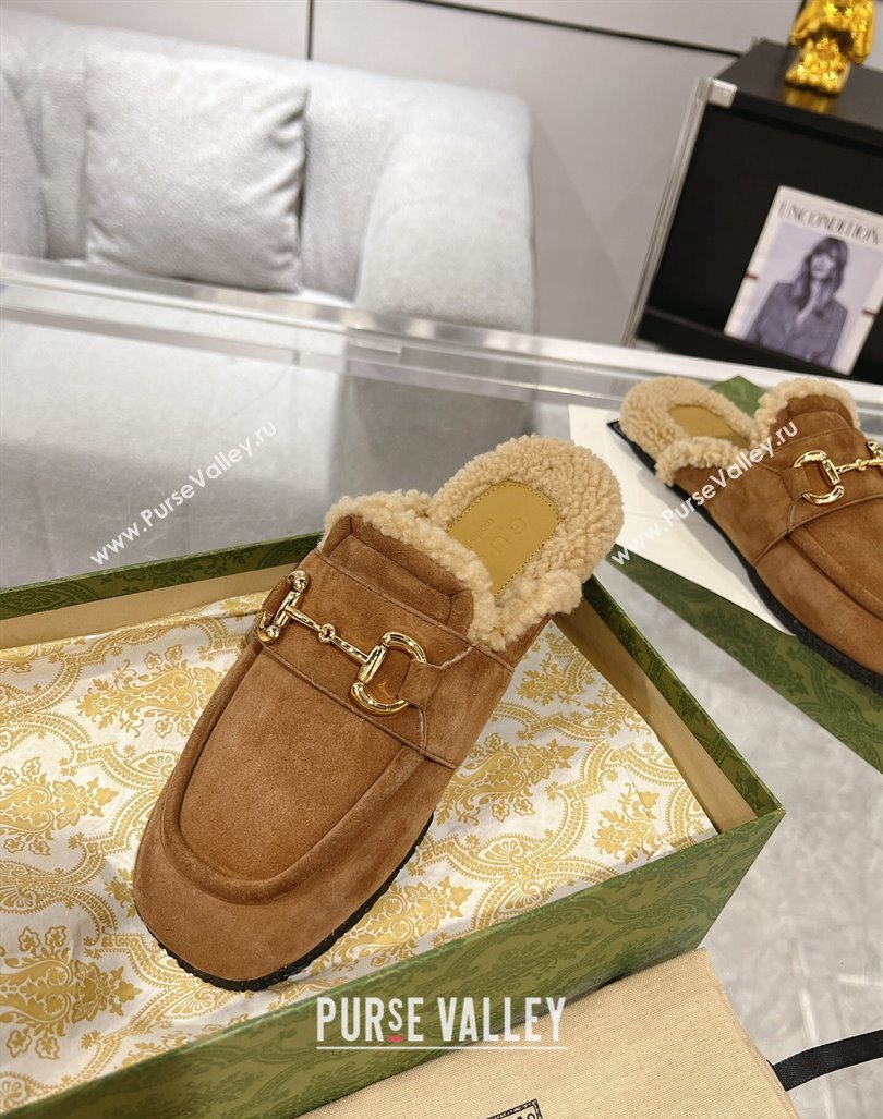 Gucci Merinos wool lining mules with Horsebit 771061 leather Suede Brown 2024 (modeng-23120785)