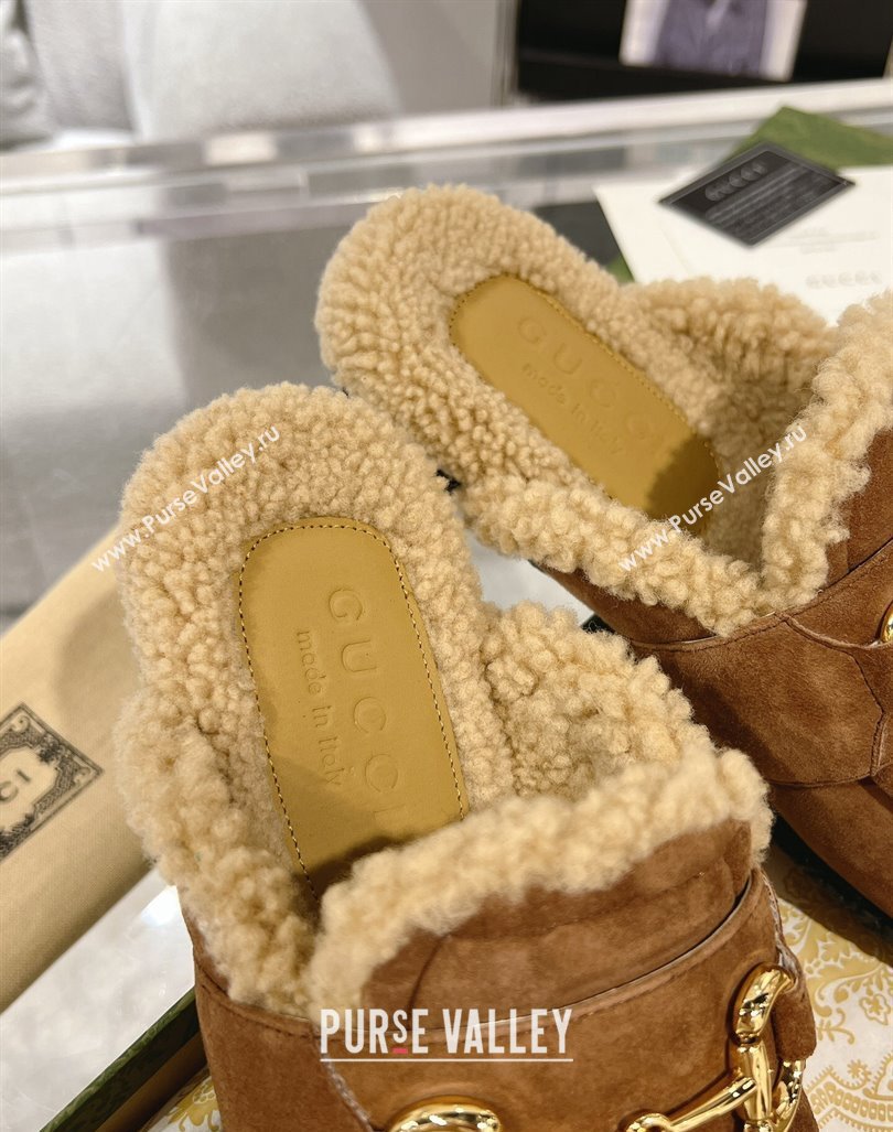 Gucci Merinos wool lining mules with Horsebit 771061 leather Suede Brown 2024 (modeng-23120785)