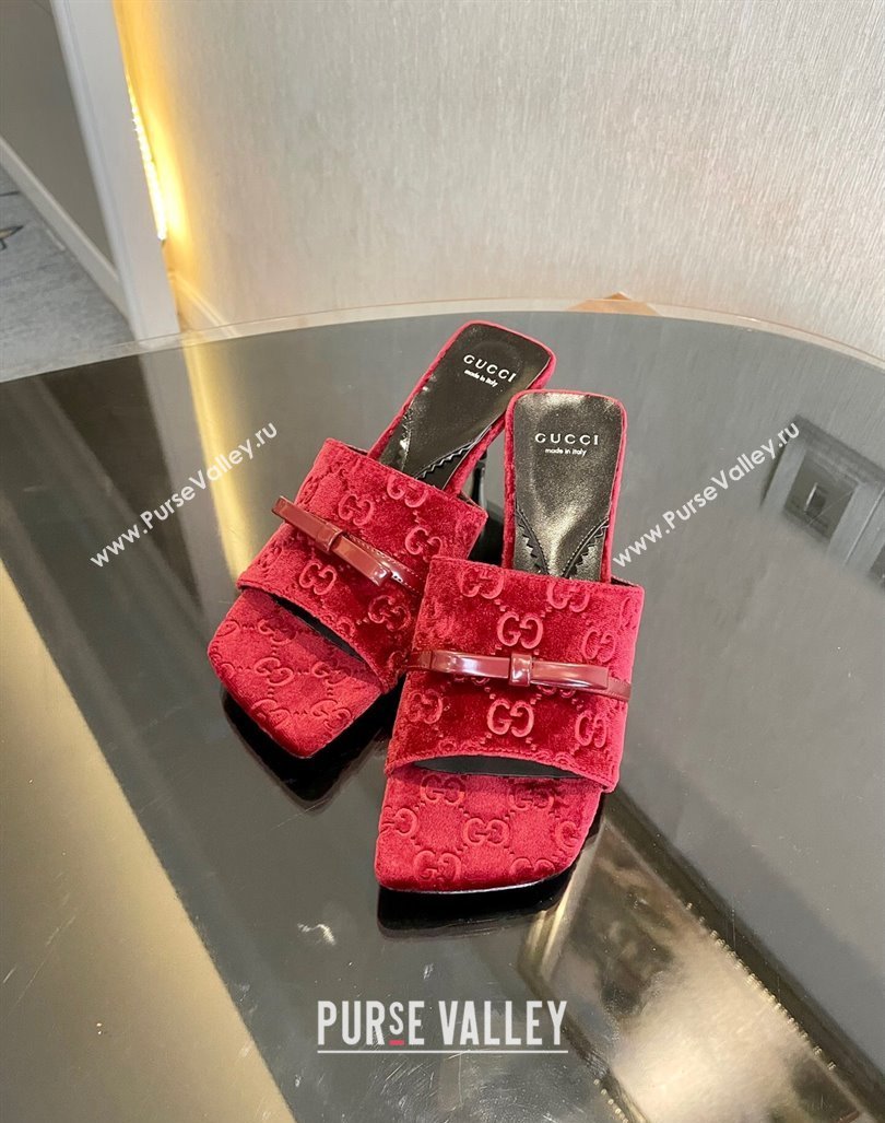 Gucci Heel 7cm GG velvet slide sandals with Patent leather bow detail 764182 Red 2024 (modeng-23120707)