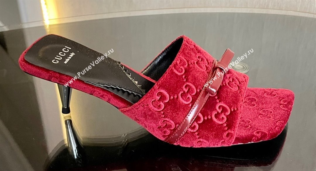 Gucci Heel 7cm GG velvet slide sandals with Patent leather bow detail 764182 Red 2024 (modeng-23120707)