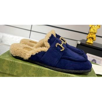 Gucci Merinos wool lining mules with Horsebit 771061 leather Suede Blue 2024 (modeng-23120782)