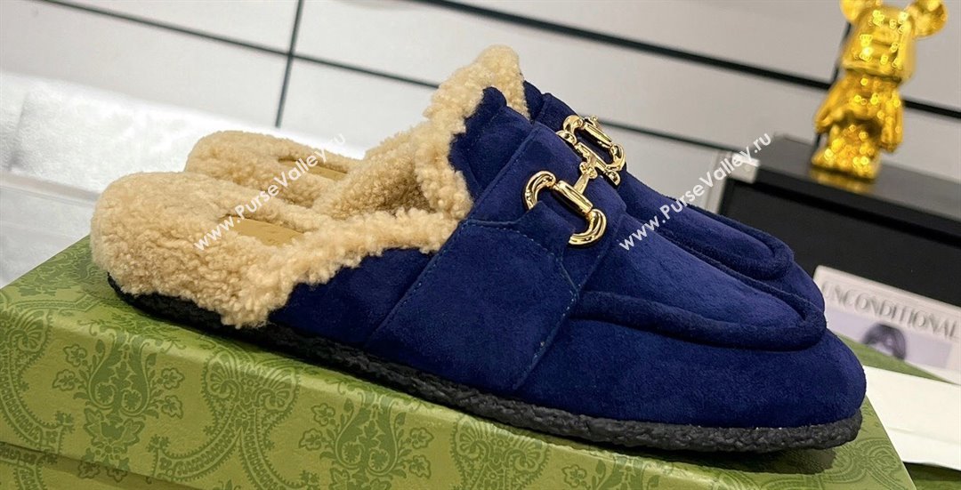 Gucci Merinos wool lining mules with Horsebit 771061 leather Suede Blue 2024 (modeng-23120782)