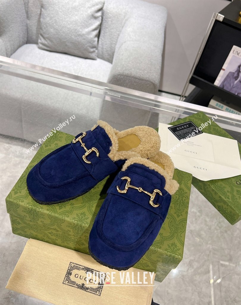 Gucci Merinos wool lining mules with Horsebit 771061 leather Suede Blue 2024 (modeng-23120782)