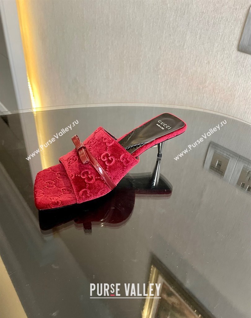 Gucci Heel 7cm GG velvet slide sandals with Patent leather bow detail 764182 Red 2024 (modeng-23120707)
