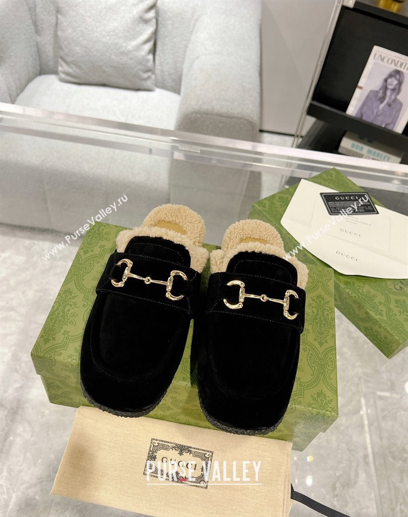 Gucci Merinos wool lining mules with Horsebit 771061 leather Suede Black 2024 (modeng-23120780)