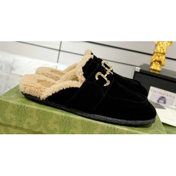 Gucci Merinos wool lining mules with Horsebit 771061 leather Suede Black 2024 (modeng-23120780)