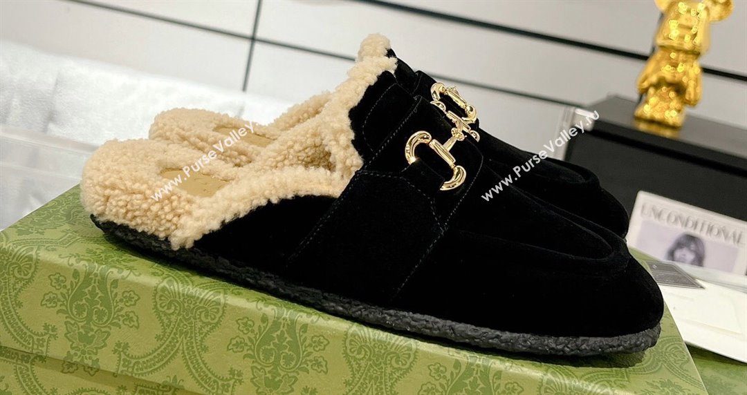 Gucci Merinos wool lining mules with Horsebit 771061 leather Suede Black 2024 (modeng-23120780)