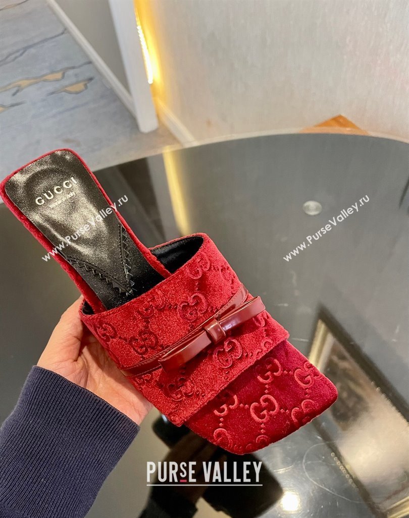 Gucci Heel 7cm GG velvet slide sandals with Patent leather bow detail 764182 Red 2024 (modeng-23120707)