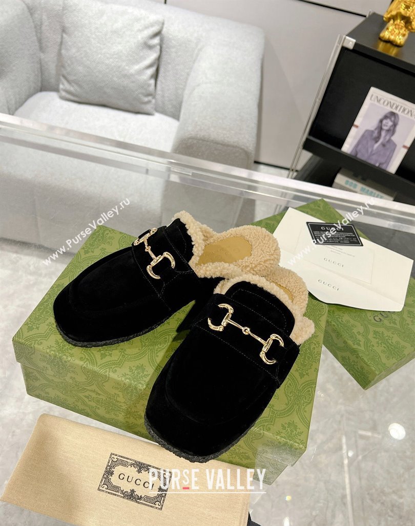 Gucci Merinos wool lining mules with Horsebit 771061 leather Suede Black 2024 (modeng-23120780)