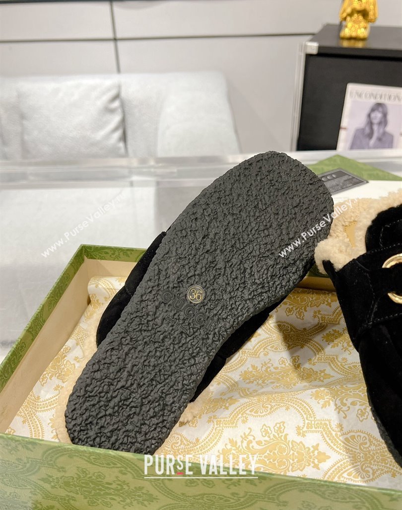 Gucci Merinos wool lining mules with Horsebit 771061 leather Suede Black 2024 (modeng-23120780)