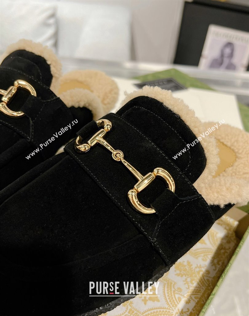 Gucci Merinos wool lining mules with Horsebit 771061 leather Suede Black 2024 (modeng-23120780)