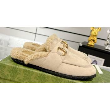 Gucci Merinos wool lining mules with Horsebit 771061 leather Suede Creamy 2024 (modeng-23120781)