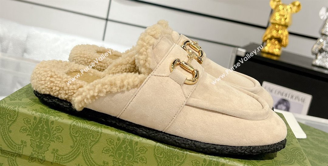 Gucci Merinos wool lining mules with Horsebit 771061 leather Suede Creamy 2024 (modeng-23120781)