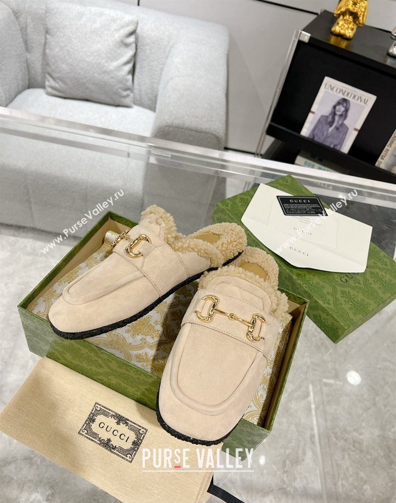 Gucci Merinos wool lining mules with Horsebit 771061 leather Suede Creamy 2024 (modeng-23120781)