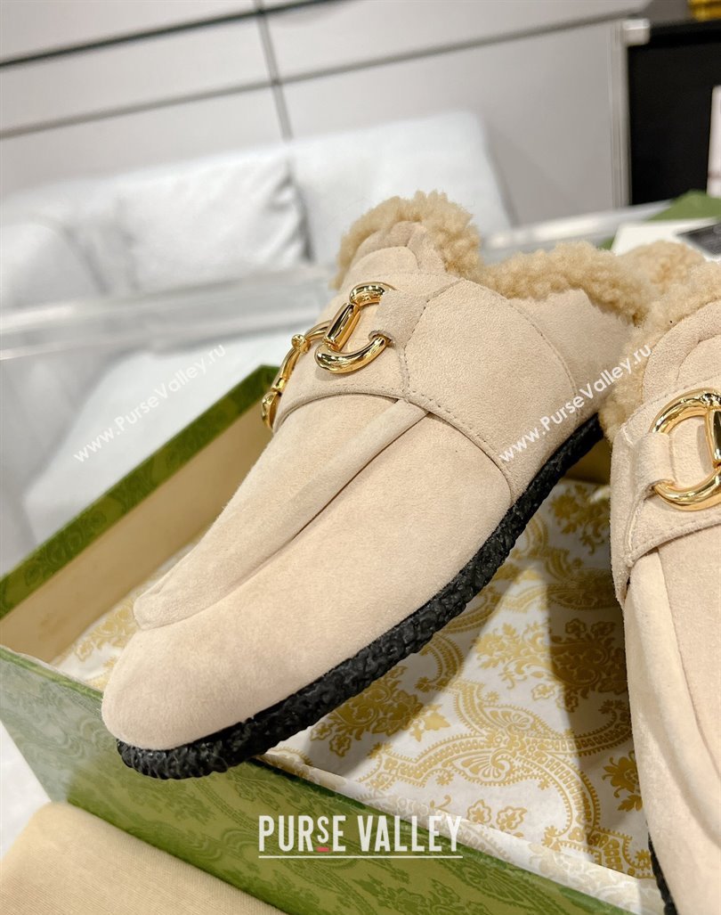 Gucci Merinos wool lining mules with Horsebit 771061 leather Suede Creamy 2024 (modeng-23120781)