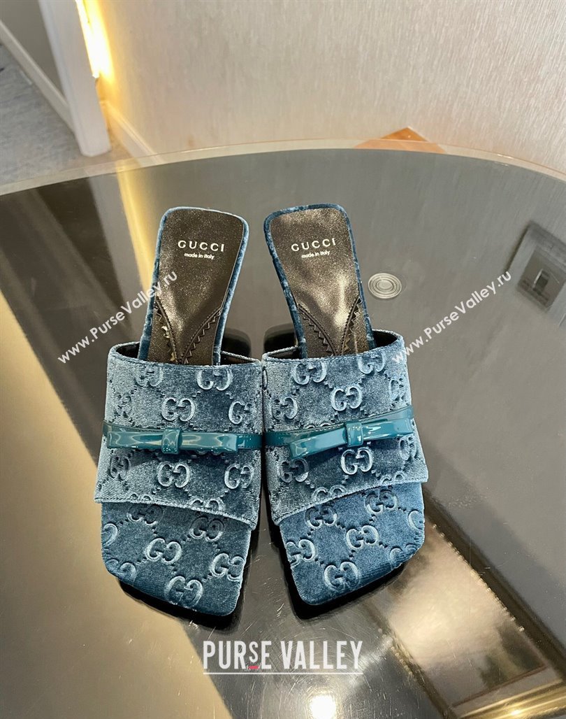 Gucci Heel 7cm GG velvet slide sandals with Patent leather bow detail 764182 Blue 2024 (modeng-23120708)
