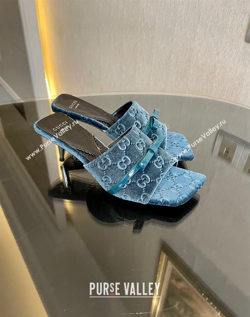 Gucci Heel 7cm GG velvet slide sandals with Patent leather bow detail 764182 Blue 2024 (modeng-23120708)