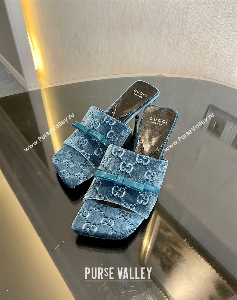 Gucci Heel 7cm GG velvet slide sandals with Patent leather bow detail 764182 Blue 2024 (modeng-23120708)