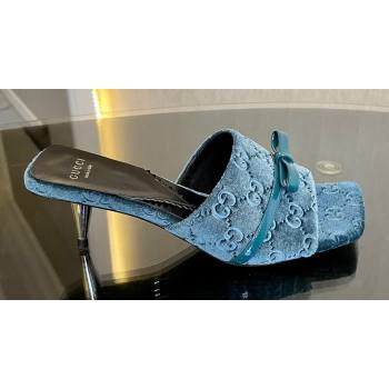 Gucci Heel 7cm GG velvet slide sandals with Patent leather bow detail 764182 Blue 2024 (modeng-23120708)