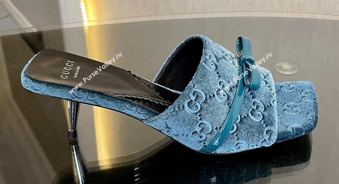 Gucci Heel 7cm GG velvet slide sandals with Patent leather bow detail 764182 Blue 2024 (modeng-23120708)