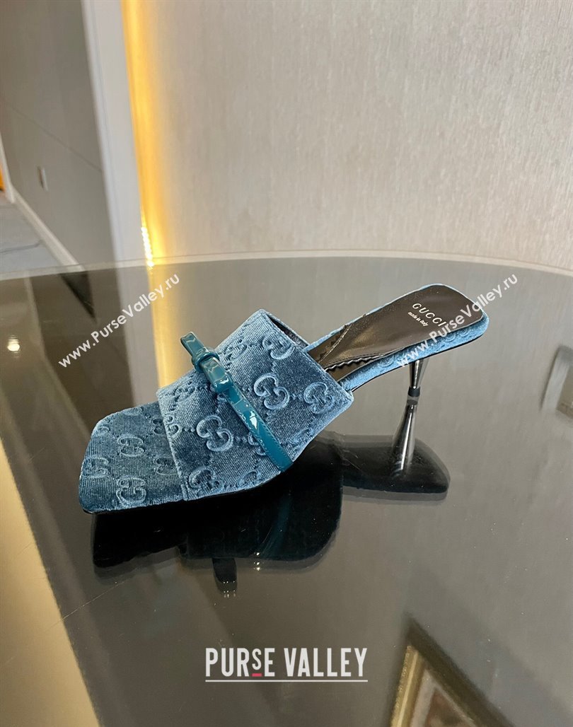 Gucci Heel 7cm GG velvet slide sandals with Patent leather bow detail 764182 Blue 2024 (modeng-23120708)