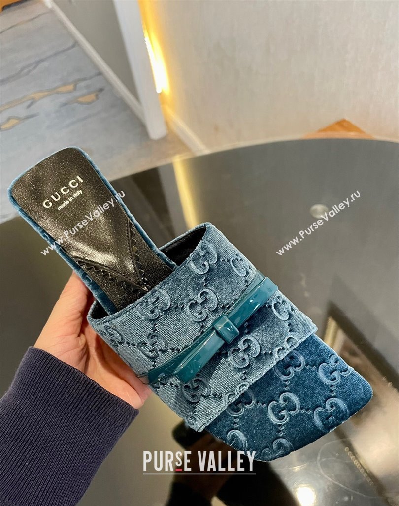 Gucci Heel 7cm GG velvet slide sandals with Patent leather bow detail 764182 Blue 2024 (modeng-23120708)