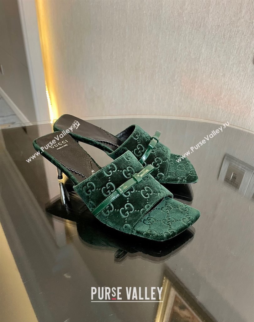 Gucci Heel 7cm GG velvet slide sandals with Patent leather bow detail 764182 Green 2024 (modeng-23120709)