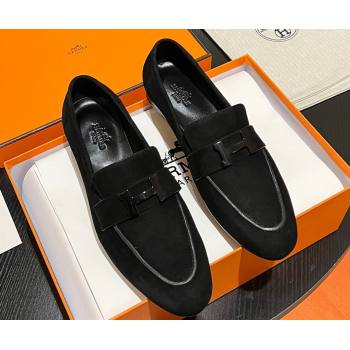 Hermes Paris loafer in suede goatskin Black with tone-on-tone signature H detail (modeng-23121131)