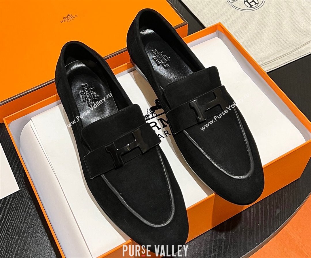 Hermes Paris loafer in suede goatskin Black with tone-on-tone signature H detail (modeng-23121131)