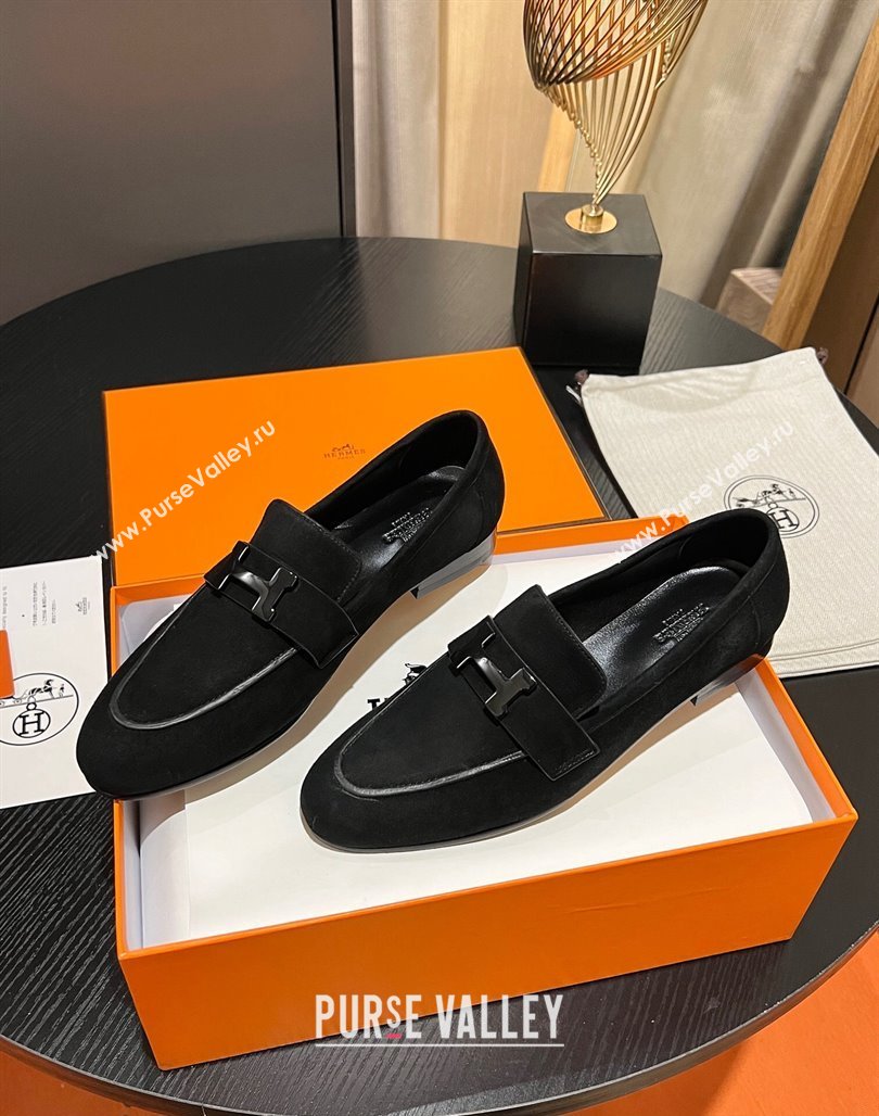 Hermes Paris loafer in suede goatskin Black with tone-on-tone signature H detail (modeng-23121131)