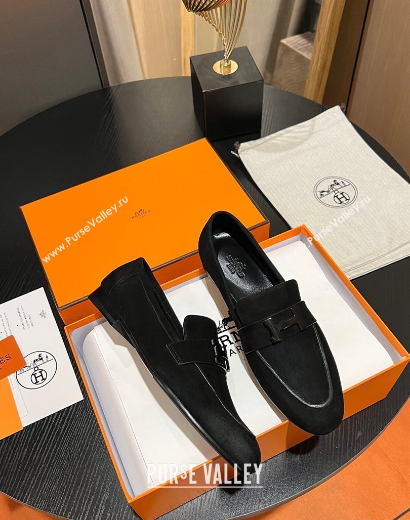 Hermes Paris loafer in suede goatskin Black with tone-on-tone signature H detail (modeng-23121131)