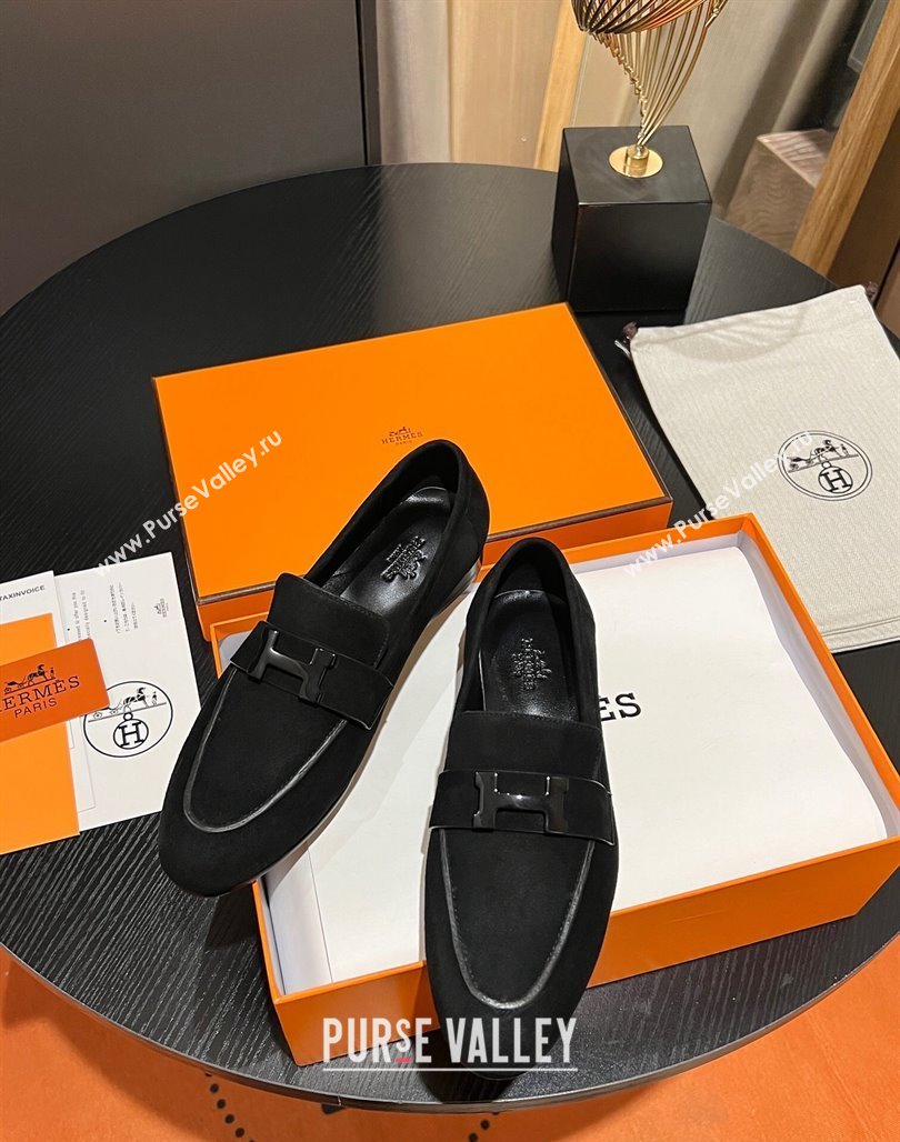 Hermes Paris loafer in suede goatskin Black with tone-on-tone signature H detail (modeng-23121131)