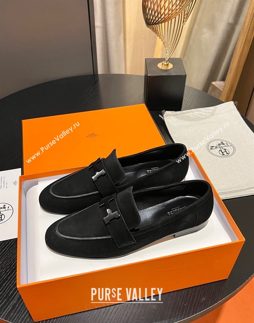 Hermes Paris loafer in suede goatskin Black with tone-on-tone signature H detail (modeng-23121131)