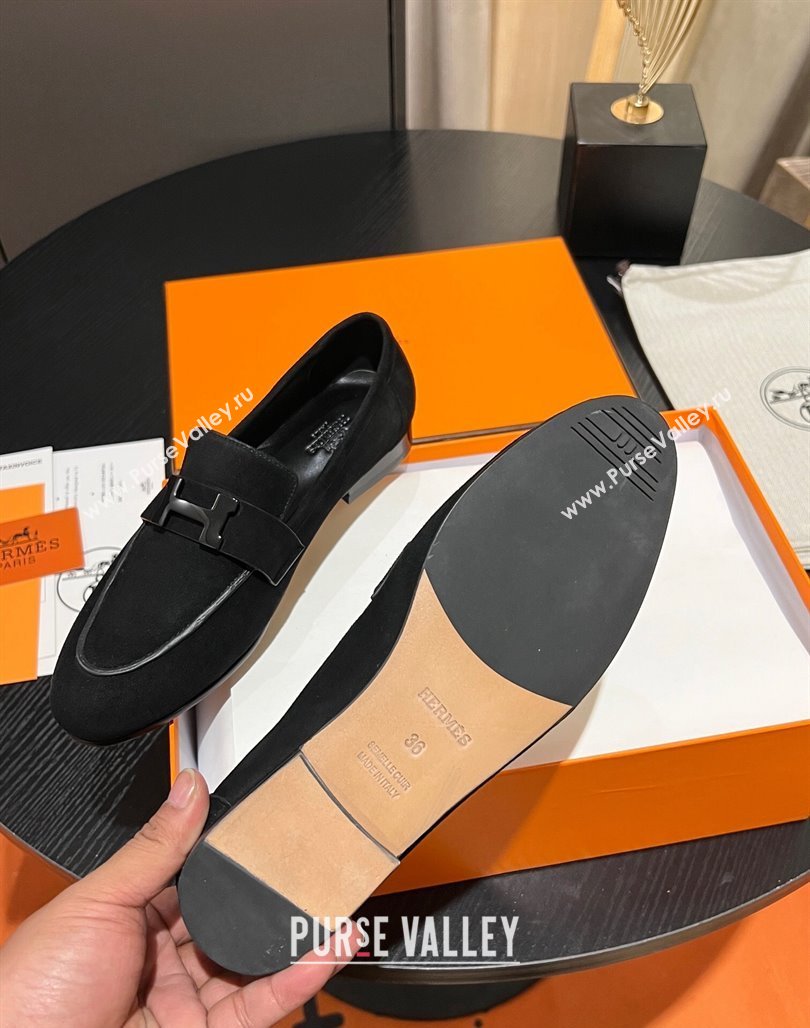Hermes Paris loafer in suede goatskin Black with tone-on-tone signature H detail (modeng-23121131)