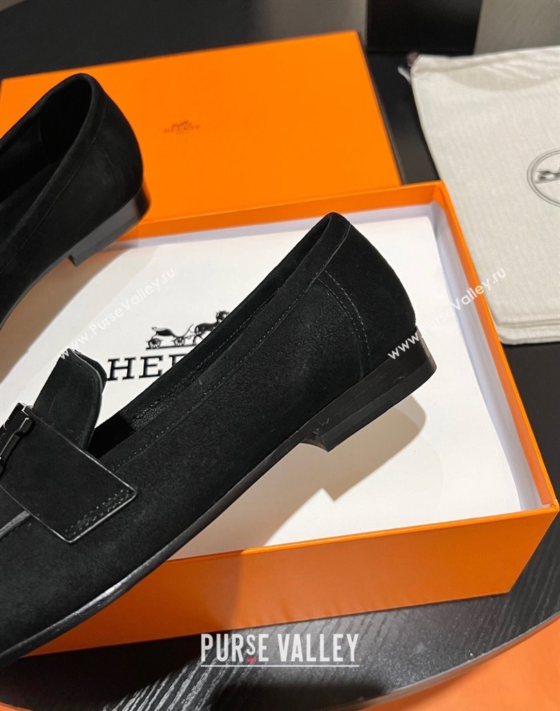Hermes Paris loafer in suede goatskin Black with tone-on-tone signature H detail (modeng-23121131)