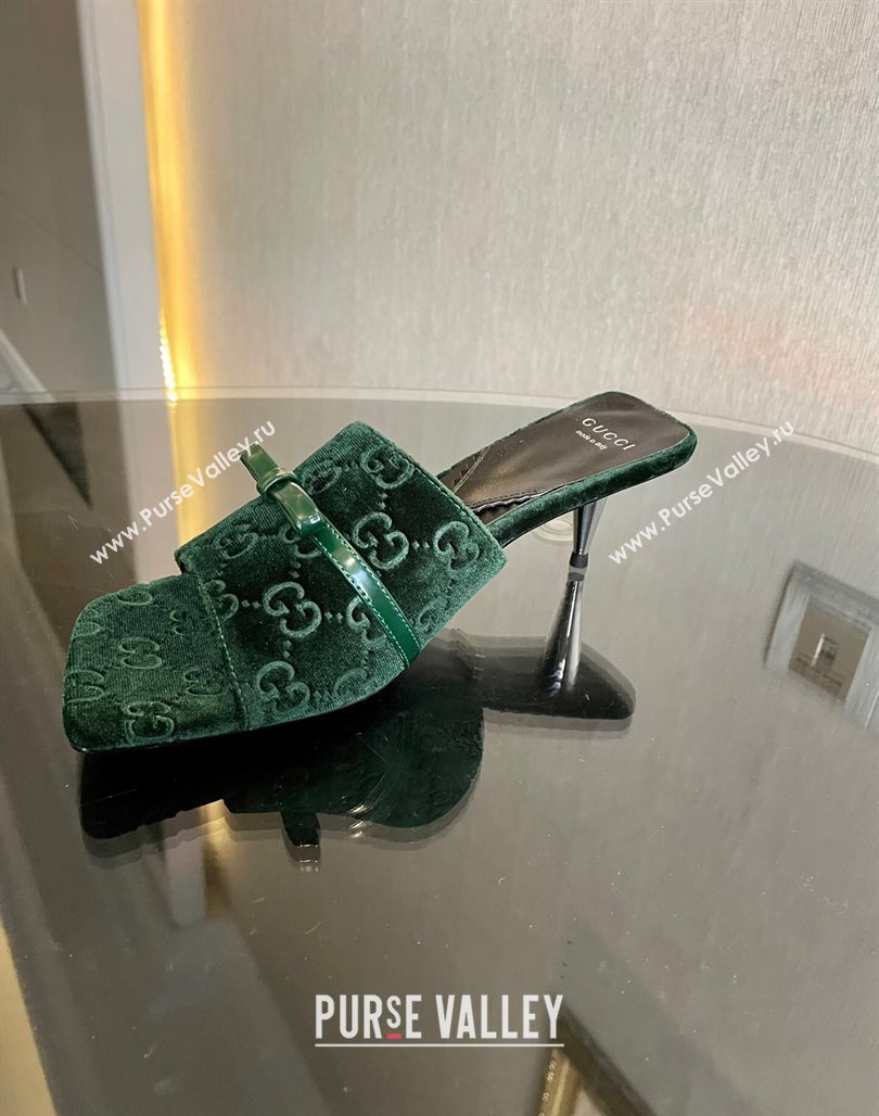 Gucci Heel 7cm GG velvet slide sandals with Patent leather bow detail 764182 Green 2024 (modeng-23120709)
