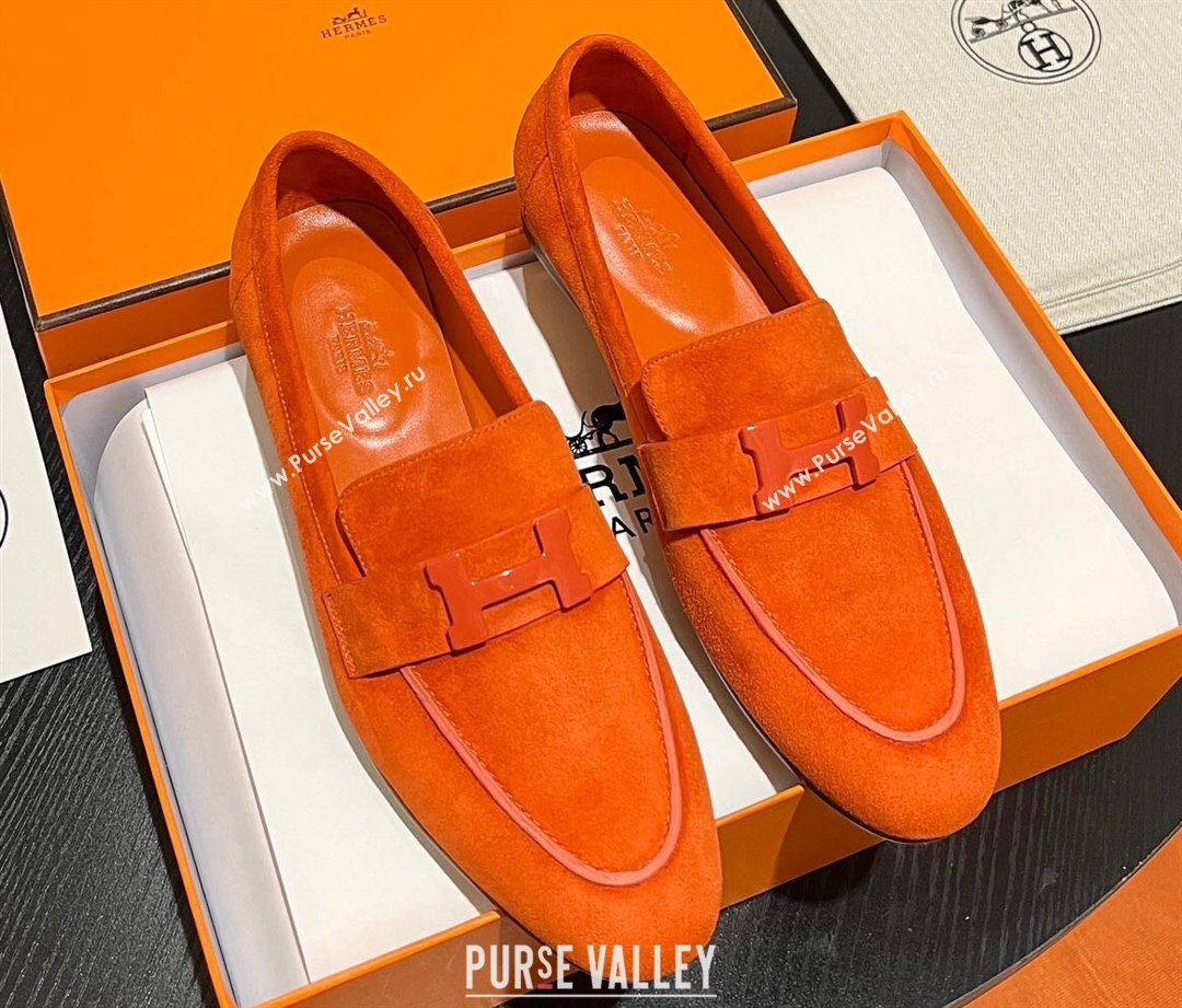 Hermes Paris loafer in suede goatskin Orange with tone-on-tone signature H detail (modeng-23121127)