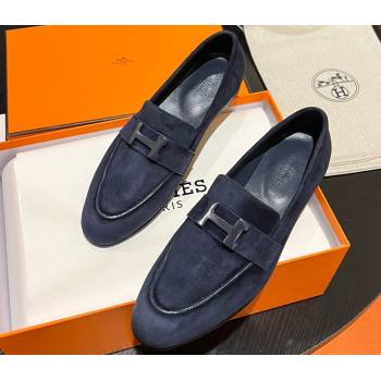 Hermes Paris loafer in suede goatskin Navy Blue with palladium-plated signature H detail (modeng-23121123)