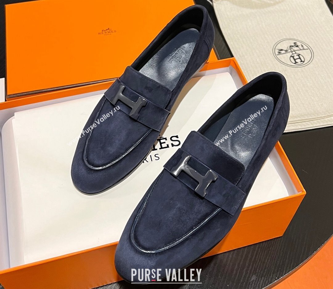 Hermes Paris loafer in suede goatskin Navy Blue with palladium-plated signature H detail (modeng-23121123)