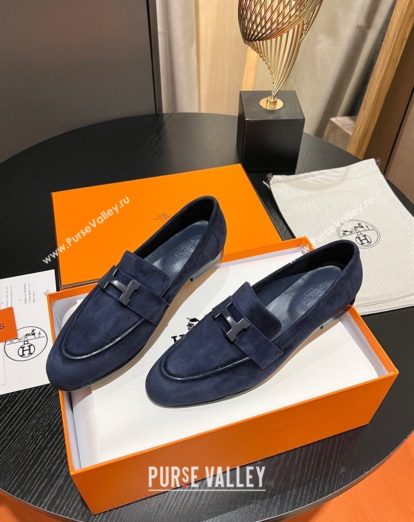 Hermes Paris loafer in suede goatskin Navy Blue with palladium-plated signature H detail (modeng-23121123)