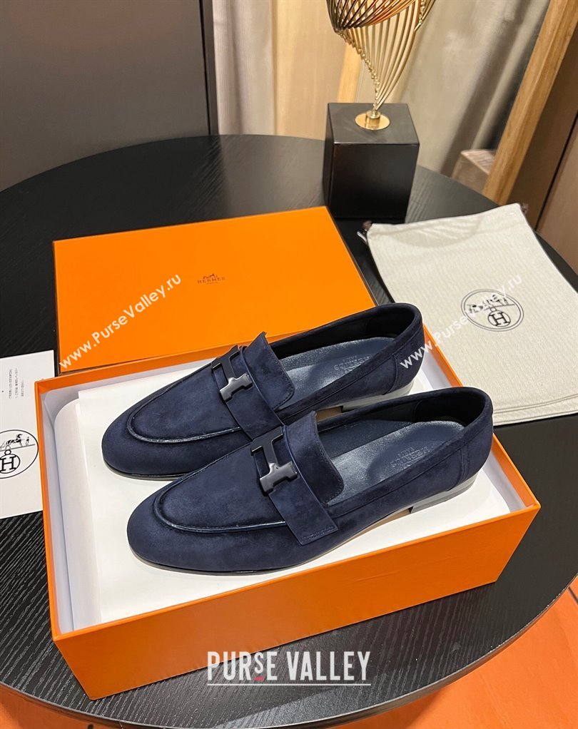Hermes Paris loafer in suede goatskin Navy Blue with palladium-plated signature H detail (modeng-23121123)