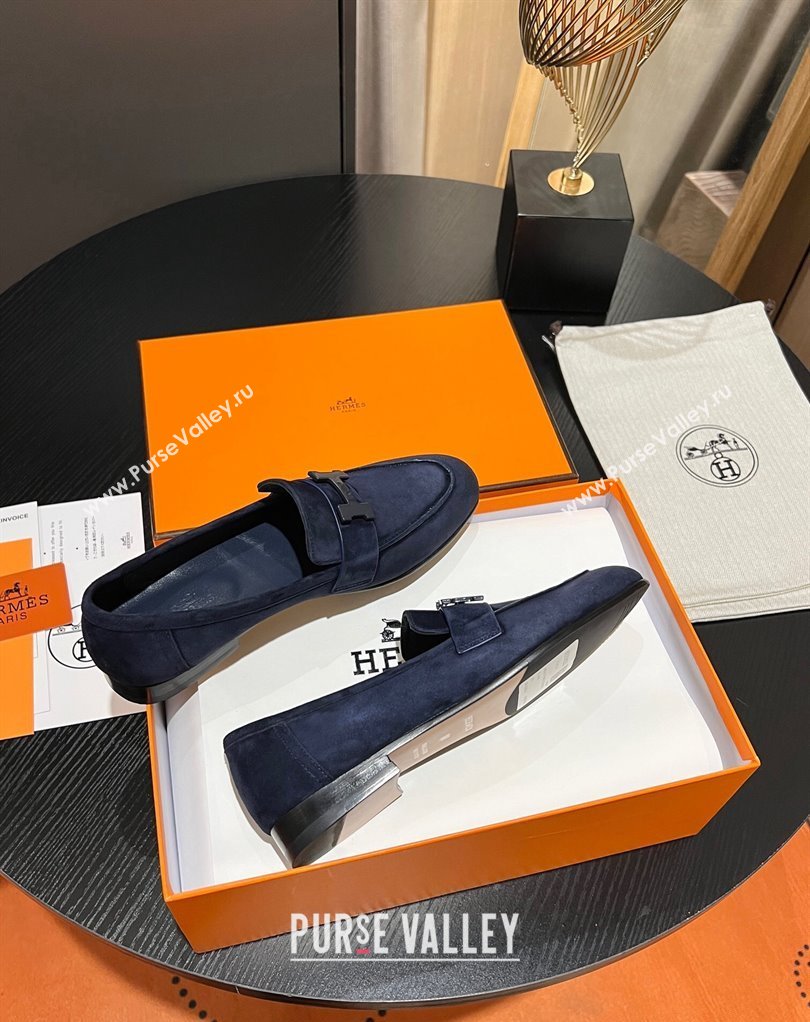 Hermes Paris loafer in suede goatskin Navy Blue with palladium-plated signature H detail (modeng-23121123)