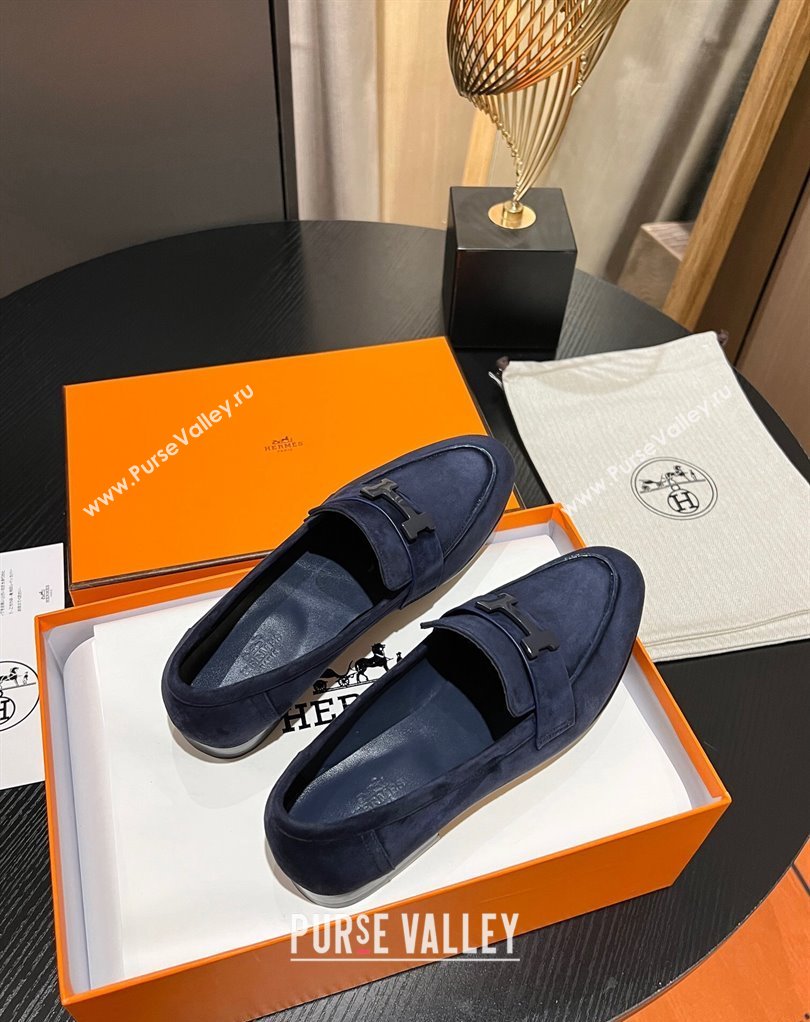 Hermes Paris loafer in suede goatskin Navy Blue with palladium-plated signature H detail (modeng-23121123)