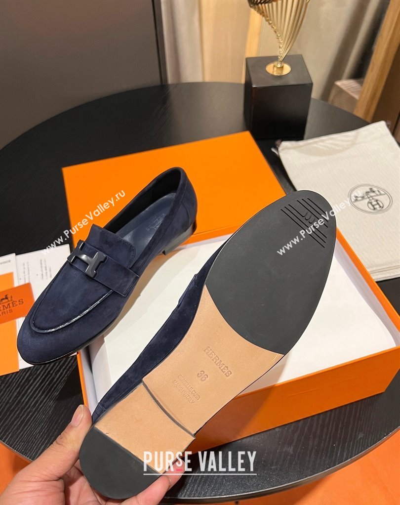 Hermes Paris loafer in suede goatskin Navy Blue with palladium-plated signature H detail (modeng-23121123)