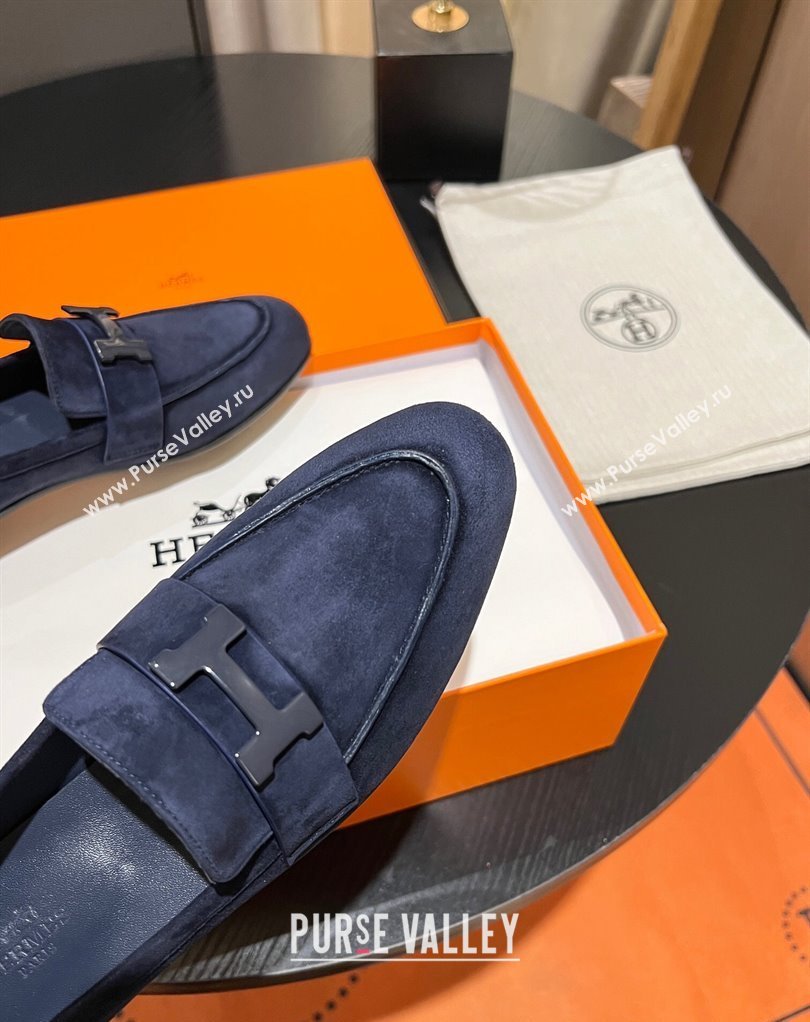 Hermes Paris loafer in suede goatskin Navy Blue with palladium-plated signature H detail (modeng-23121123)