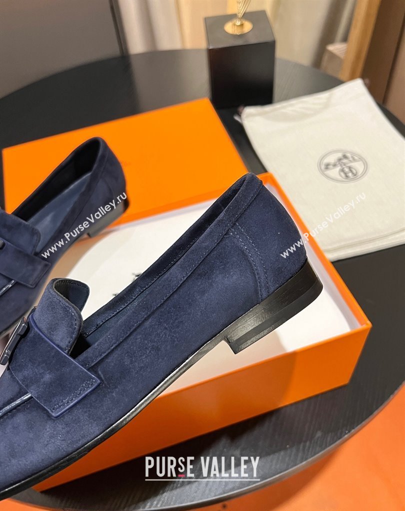 Hermes Paris loafer in suede goatskin Navy Blue with palladium-plated signature H detail (modeng-23121123)