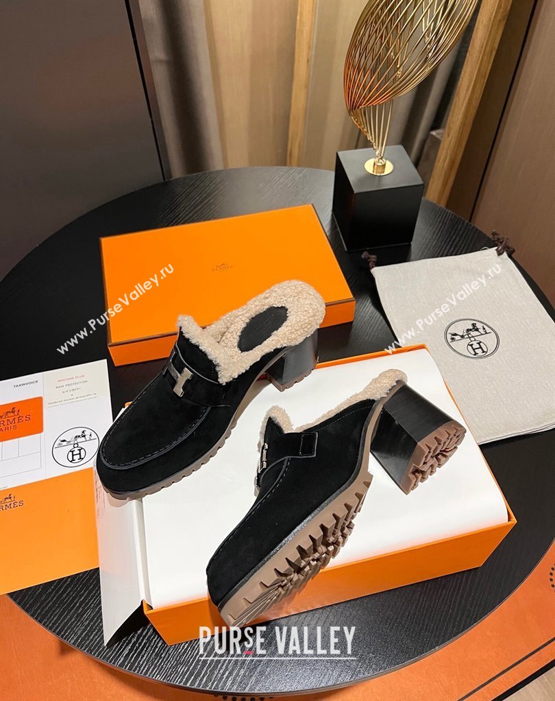 Hermes Heel 7.5cm Flore mule in suede goatskin Black with shearling lining 2024 (modeng-23121236)