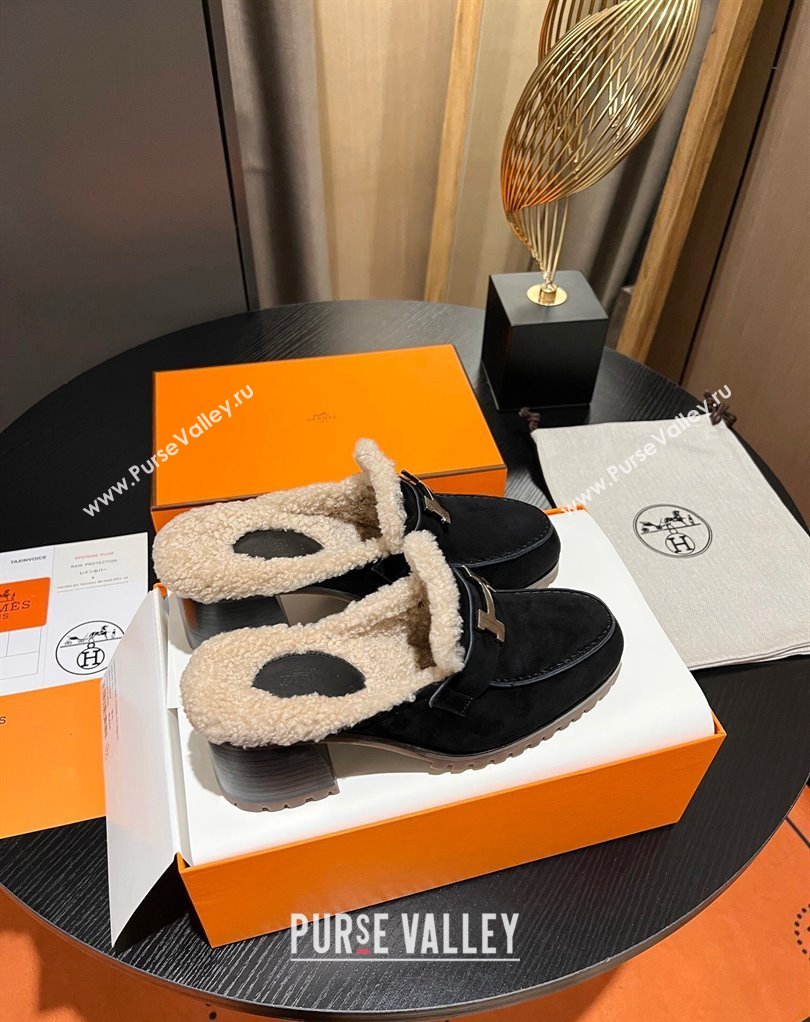 Hermes Heel 7.5cm Flore mule in suede goatskin Black with shearling lining 2024 (modeng-23121236)