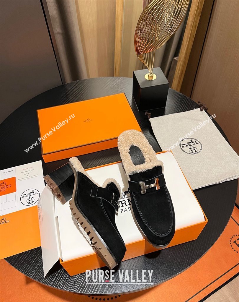 Hermes Heel 7.5cm Flore mule in suede goatskin Black with shearling lining 2024 (modeng-23121236)
