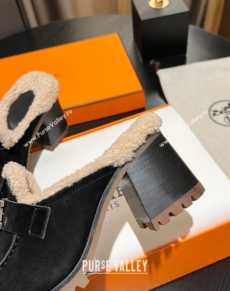 Hermes Heel 7.5cm Flore mule in suede goatskin Black with shearling lining 2024 (modeng-23121236)